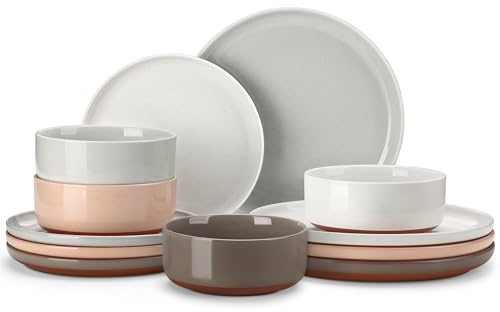 MALACASA Plates and Bowls Sets, 12 Pieces Modern Stoneware Dinnerware Set for 4 Kitchen Dinner Set Ceramic Dishware Dishes Set Microwave and Dishwasher Safe, Multicolor, Series TARA