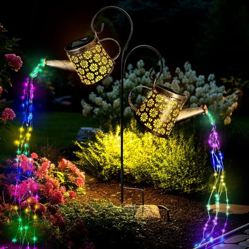 Luces solares de regadera para exteriores, IP65, impermeable, decoración de jardín, 8 modos de cambio multicolor, un poste, dos luces, decoraciones al aire libre para patio, césped, patio