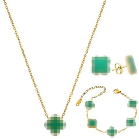 MOSTEDE Glücklich Jewelry Set Mit Vier Blättern Edelstahl Plattiert Zweiseitig Vierblättriges Schmuck Set 18k Vierblättriges Kleeblatt Halskette Ohrringe Armband Für Damen Und Mädchen, Grüner