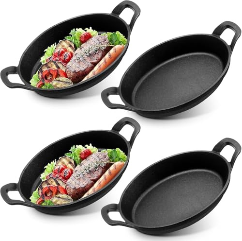 4 Stück Mini Gusseisen Servierpfännchen Set | 21,6 x 15,5 cm kleine Bratpfannen mit Griff | Gusseisen Grillpfannen, Pfännchen, Servierpfanne, Grillpfanne, Gusspfanne, antihaftbeschichtet