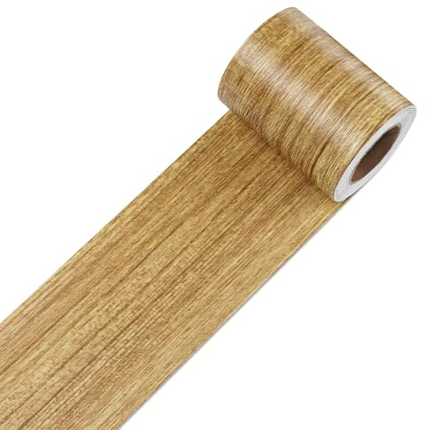 Decotalk Bordure de Papier Peint Autocollant Du Grain Du Bois Brun 7.6X1500cm Frise Murale Adhesive Bordure Imperméable en PVC Plinthe Amovible Décoration Murale Pour Cuisine Salle de Bain