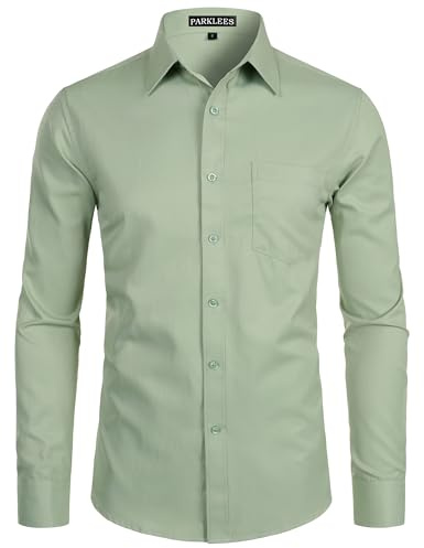 PARKLEES Camisa de vestir de manga larga para hombre, lisa, ajustada, casual, de negocios, formal, con botones, con bolsillo, Verde Salvia, L