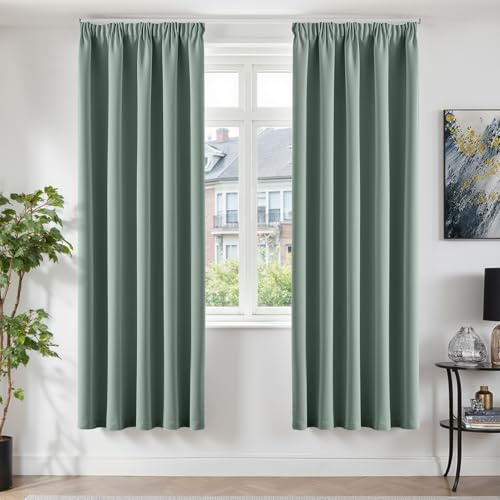 TOPICK Vorhänge Gardinen Verdunklungsvorhänge H220xB140 2er Set Salbeigrün | Abdunkelnd Vorhänge Blickdicht Wohnzimmer Gardinen für Schienensystem Blackout Curtains Gardinen mit Kräuselband Schlafzimmer