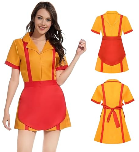 MeYuxg 2 Broke Girls Maid Dress, Maid Outfit Klassisches Cosplay, Rot-Orange Caroline Broke Girls Kostüm, Waitress Costume Maid Cosplay mit Schürze, Karneval Kostüm für Halloween, Themenpartys (2XL)
