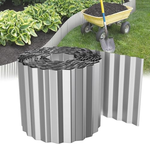 HENGMEI Rasenkante 10m Beetbegrenzung aus Metall Beeteinfassung Beetumrandung Verzinkt Rasenbleche Mähkante Flexible Rasen Umrandung, 18cm Hoch, Silber