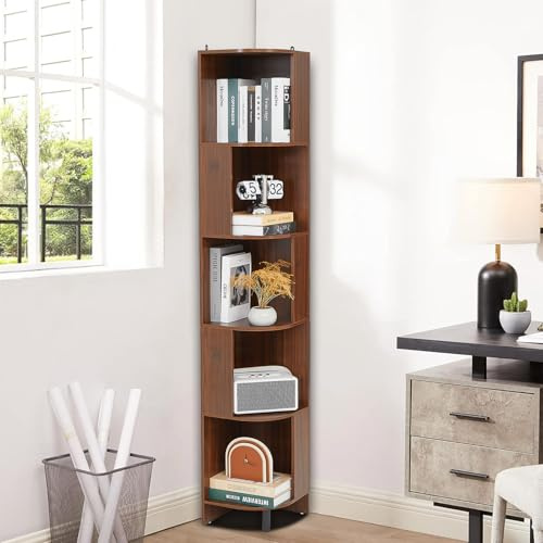 Cozykimo Eckregal Holz stehend, Eck Bücherregal mit 5 Ablagen, 173 cm hoch, multifunktionales Standregal als Aufbewahrungsregal für Büro, Wohnzimmer, Küche & Badezimmer (braun)