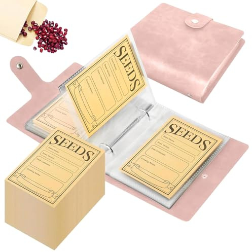 JYNVO 1 astuccio in pelle rosa con 2 anelli e 50 sacchetti per semi, sacchetti per semi da giardino, buste per la conservazione dei semi di ortaggi, libro per la raccolta dei semi