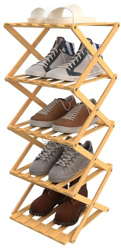 OHMG Étagère en Bambou à 5 étages Pliable,Organiseur en Bambou,Idéal pour étagère à Chaussures, dans la Salle de Bain et comme étagère de Cuisine,Étagère pour décoration,Peu encombrante