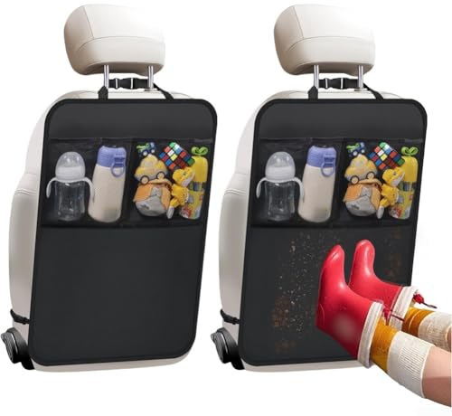 Paquete de 2 protectores de asiento de coche de tela Oxford para asientos de automóvil infantiles, alfombrilla impermeable antipatadas con bolsillos de almacenamiento, funda de asiento trasero para