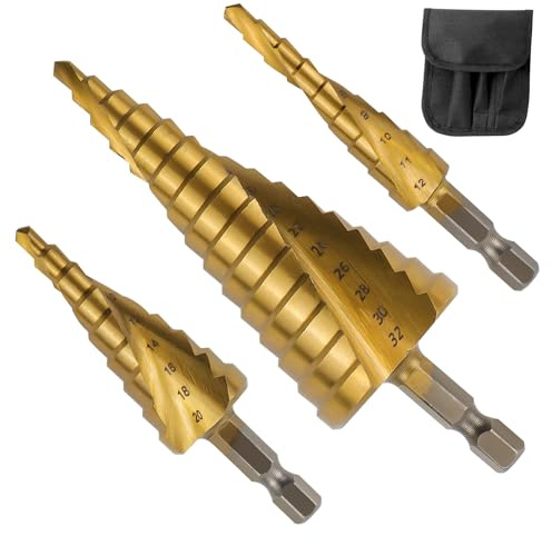 MISIQIMA 3tlg Stufenbohrer Set, 4-12/20/32 mm Sechskantschaft Doppelspiral Kegelbohrer, Titanbeschichtet Stufenbohrer Metall für Metalle, Kunststoffe und Holz