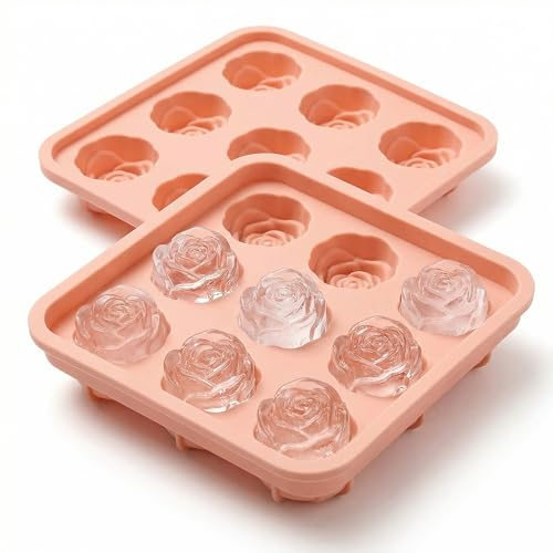 LEOUEANR Rose Ice Cube Tray, 9-Cavity Silicone Ice Mould with Lid, BPA-Free & Reusable, Pink - Perfect for Cocktails, Whiskey, Coffee & Homemade Treats (1 Pack)