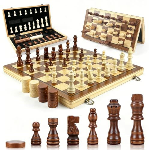 Qcdou Ajedrez, Juego de Ajedrez, Tablero de Ajedrez y Damas de Madera, 2 En 1 Ajedrez Profesional, 2 Reinas Adicionales, 39x39 cm Ajedrez Madera, Tablero de Ajedrez Plegable para Niños/Adultos