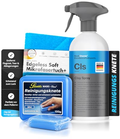 Auto Reinigungsknete Set: Koch Chemie Clay Spray Gleitmittel 500ml + Petzoldt’s Reinigungsknete 100g + Mikrofasertuch | Clay Bar Lackknete zur Entfernung von Flugrost Harz Teerflecken vom Autolack