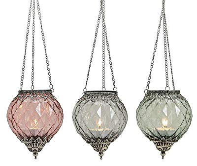 Belladecora 3X Windlicht Zum Hängen Glas/Metall Kette 30cm aus Glas Grau/Pink/Gruen (B/H/T) 15x19x15cm