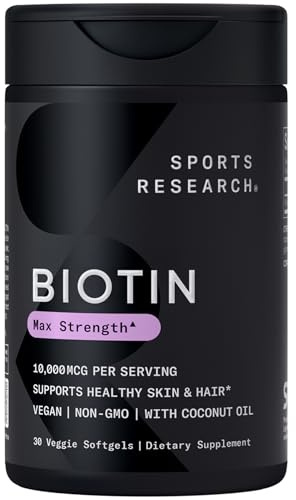 Sports Research® Biotin 10,000mcg with Organic Coconut Oil - Biotin (Vitamin B7) for Healthy Skin and Hair Support* - for Women and Men - Vegan, Non-GMO, Gluten & Soy-Free - 30 Veggie Softgels