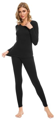 iWoo Thermal Underwear Womens Base Layers Top Leggings Warm Long Sleeve Set Baselayer Long Johns Pretty Soft Manufacturer Size 2, (UK Size: S, Black)