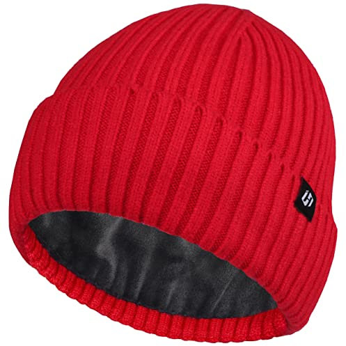 HASAGEI Strickmütze Damen Beanie Herren Damen Mütze Dicke Fleece Mütze Thermal Atmungsaktivem Unisex Cuffed Beanie Mütze Herren Weich Strickmütze Herbst Winter Stretch Wintermütze (Rot)