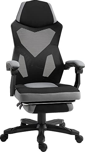 Vinsetto Chaise de Bureau Fauteuil Gaming Hauteur réglable Dossier roulettes pivotantes Repose-Pied Tissu en Maille 58L x 63l x 112-122H cm Gris Noir