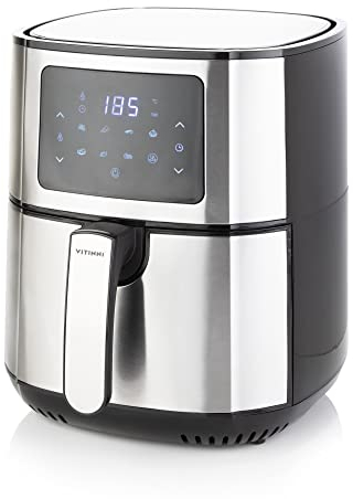 Heißluftfritteuse, 5,5 l, schnelle Luftzirkulation, 1400 W Leistung, Edelstahlkorb, Fritteuse für gesunde Zubereitung, Touchscreen, LED-Digitalanzeige, Bedienfeld mit integriertem Voreinstellungsmenü.