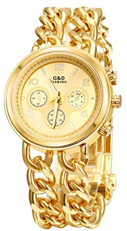 JewelryWe Uhren Damen Analog Quarz 30m wasserdichte Armbanduhr Elegant Beiläufige Uhr Damenuhr mit Edelstahl Doppelt Panzerkette Armband Gold