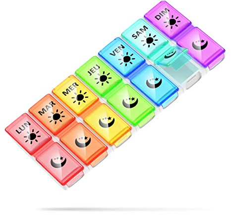 Tablettenbox 7 Tage 2 Fächer, Klein Pillendose Morgens Abends 14 Fächer Abnehmbar Wöchentlicher Medikamentendosierer Pillenbox (mehrfarbig-FR)