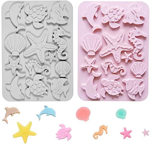 2 stycken bakformar med 3D ocean djur silikonform, havshalle-fondant silikonform, silikonfondant formar djur, för kakform, tillverkning av gelépudding, bakverktyg
