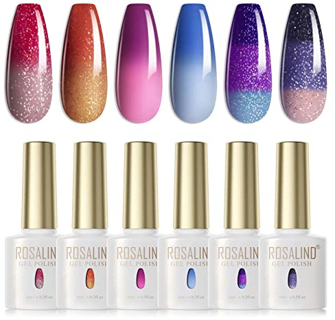 ROSALIND UV Nagellack Thermo 6 Farben UV Gellack Farbwechsel Gel Nagellack Thermo Gellack Kit Mehrfarbig Ablösbarer Nagelgel Farbgel Gel Nagel Chameleon Nail Polish Set
