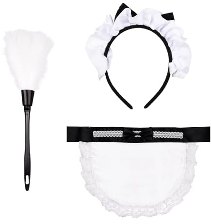 XNHIU Lot de 3 accessoires de costume de soubrette française, serre-tête, plumeau, plumeau rétro, demi-taille, tablier de soubrette pour Halloween, Noël, cosplay