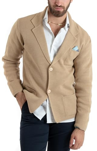 Giosal Cardigan Uomo Giacca Maglione Maniche Lunghe Taschino Tinta Unita Casual Vari Colori Made in Italy (IT, Testo, S, Regular, Regular, Beige)