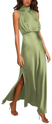ARESU Vestidos De Satén Sin Mangas con Cuello Alto Vintage Vestido Largo De Fiesta Formal con División Alta Elegante Vestido De Noche De Cintura Delgada para Mujer-Verde-XXL