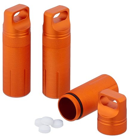 Relaxdays wasserdichte Kapsel, 3er Set, Pillendose Schlüsselanhänger, für unterwegs, Aluminium, HxD: 9,5 x 3 cm, orange