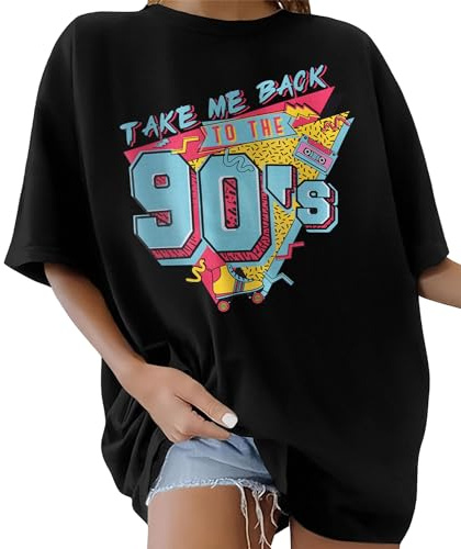 Lonya Women's T-Shirts Round Neck Y2k 90s Oversized T Shirts for Women Ladies Short Sleeve Graphic Print Summer Baggy Plus Size Casual Cotton Tee Tops,Crystal Black,S