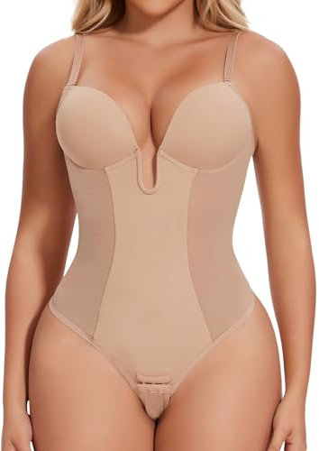 Joyshaper Women Backless Shapewear Bodysuit Tummy Control U Plunge Body Shaper Built in Bra Thong Wedding Party Beige,L
