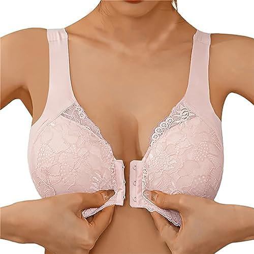 Generic Front Fastening Floral Lace Full Coverage High Impact Sports Bra Large Breasts Wire Free Bra Underwear Yoga Fitness Exercise Oversized Women's Everyday Bras Pink