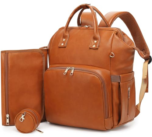 ROSEGIN PU-Leder Wickelrucksack Groß - Baby Wickeltasche Rucksack Wasserdicht & Multifunktional mit Wickelunterlage, Schnullertasche & Kinderwagenhaken - Diaper Bag Babytasche für Mama & Papa, Braun