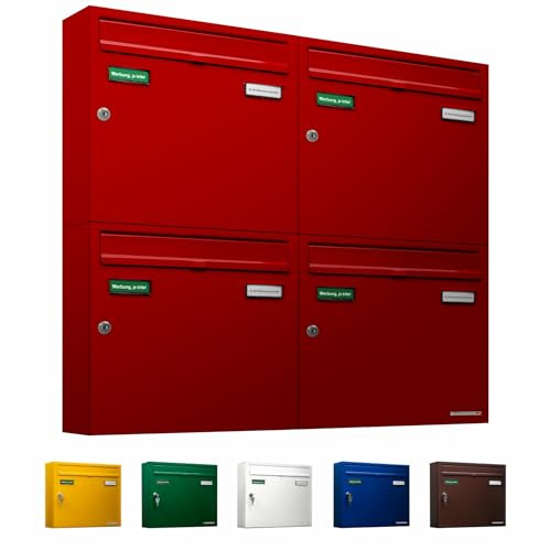 AL Briefkastensysteme Basic 4er Briefkasten RAL 3000 Feuer Rot 4 Fächer DIN A4 wetterfest Briefkastenanlage mit Posthaltebügel und 2 Namensschildern
