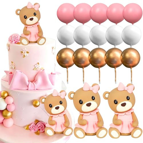 LaVenty Luxury Pink Baby Shower Teddy Bear Cake Topper Gender Reveal Cake Decoration Party Supplies