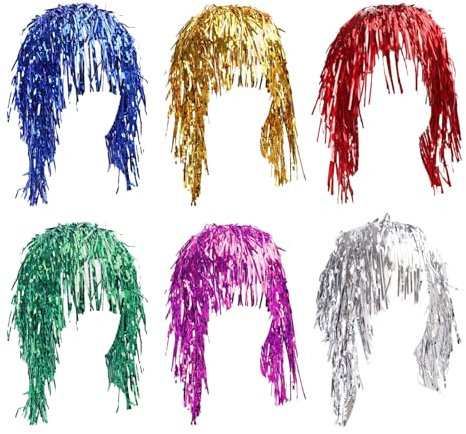 FUIPVGI 6 Pièces Tinsel Wig, Perruque Métallique Brillant Dames, Coloré Guirlande Perruque, Couleur Perruques Déguisement Adulte pour Noël Halloween et Soirée Célibataire Cosplay (Multicolore)