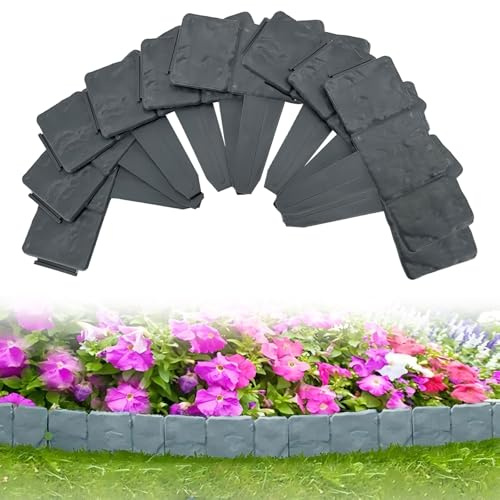 Bordatura per prato 10pcs, 2.5m bordatura antracite in plastica effetto pietra, recinzione decorativa per giardino, 1 elemento (L x H): 25x 23cm (Grigio fumo, 10 pezzi)