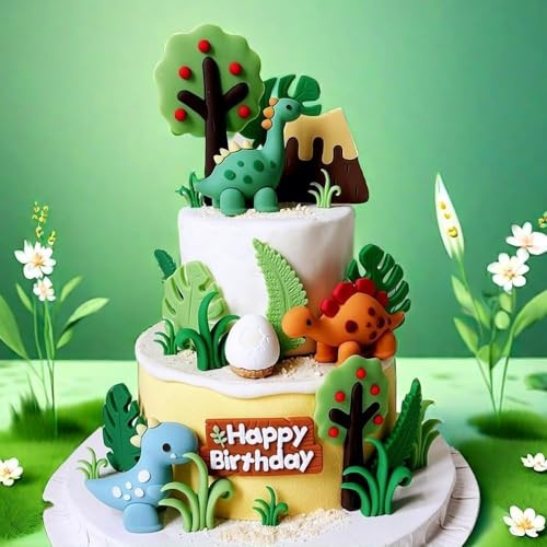 19 Stück Dino Tortendeko Set – Dinosaurier Kuchendeko, 3D Dinosaurier Toppers, Party für Kinder, Babyparty und Dschungel-Themen