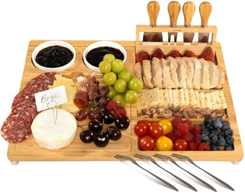eleganlife Charcuterie Boards Set with Knives, Bamboo Cheese Board Large, Charcuterie Platters with Compartments, Serving Boards Gifts for Wedding, Birthday and Housewarming Party