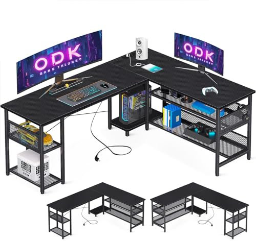 ODK Escritorio Gaming en Forma de L con Diseño Reversible, 168×120cm Escritorio con Gran Almacenamiento, Escritorio Esquinero con 2 Enchufes y 2 Puertos USB (Fibra de Carbono Negro)