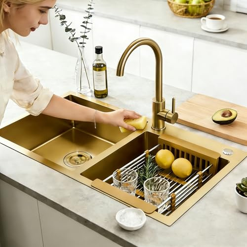 KOOGIMDDR Évier de cuisine double bac 80 x 45 cm doré inox nano – Avec 2 bondes dorées, siphon, trop-plein et égouttoir inclus – Encastrable sous/sur-plan – pour grande cuisine familiale, rénovatio