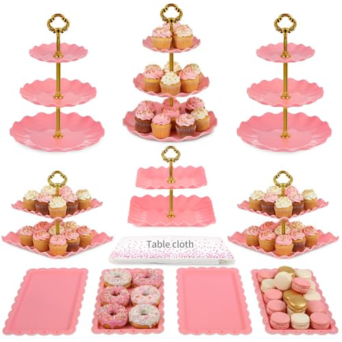 Pack of 11 NWK Cake Stand Set of Cupcake Stand, Tray & Table Cloth (Pink) | Includes 3 x 2-Tier & 3 x 3-Tier Cupcake Stands, 4 Appetizer Trays, Plus 1 Tablecloth. Ideal for Parties, Pink Design