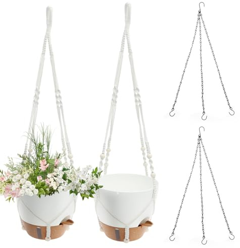 VAVPUP 2 Stück Hängeampel,Makramee Blumenampel,Kunststoff Blumentopf Hängend, Hängetopf Mit Ketten,Drainagelöchern Und Abnehmbarem Untersetzer,Draußen Deko für Garten Balkon Wohnzimmer