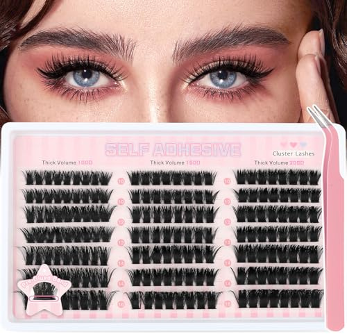 Parriparri Self Adhesive Eyelashes 100D 150D 200D Pre Glued Cluster Lashes Glueless Individual eyelashes Reusable Volume Press On Lashes with Tweezers Easy to Wear&Remove