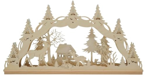 Erzwelt - Lichterbogen ELB – Motiv Förster im Wald | 32 x 56 x 5 cm – Schwibbogen aus Holz – Leuchtbogen mit 7 Kerzen – Original Erzgebirge Fensterbogen – Weihnachtsdeko