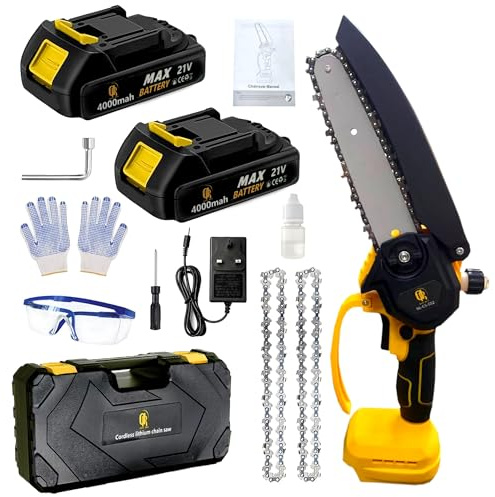 AR Easy Buy Mini Chainsaw Cordless 6-Inch | 21V Battery Powered Chainsaw, 300W Brushless Motor, 2 x 4000mAh Batteries, Lightweight & Powerful, Ideal for Tree Trimming, DIY Projects, Garden Maintenance