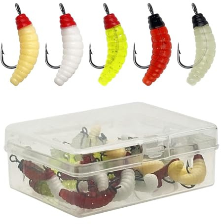carotoe 30Pcs Fishing Baits Soft Maggot Fly Fishing Lures Hook Set Soft Fishing Lures Bread Lure Artificial Baits