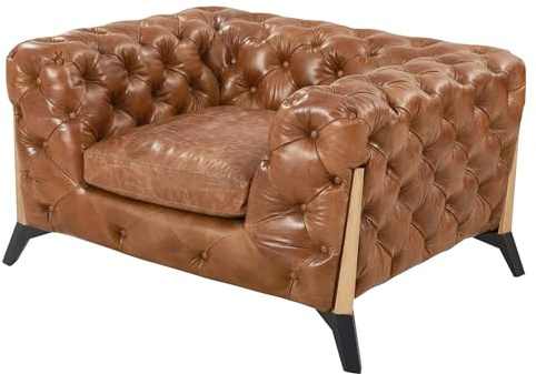 Pemberly Row Top Grain Leather Fully Assembled Chesterfield Tufted Arm Chair in Light Brown, Single-Seat Leather Chair, Living Room or Office Seating, Upholstered Leather Construction